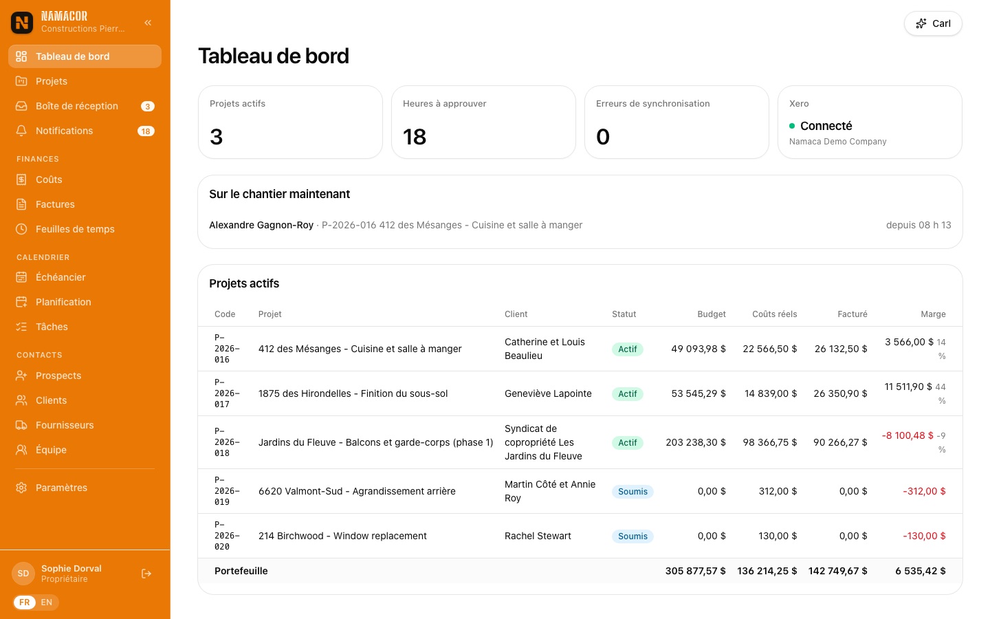 Tableau de bord de Constructions Pierre-Lune : projets actifs, heures à approuver, coûts, facturé et marge par projet