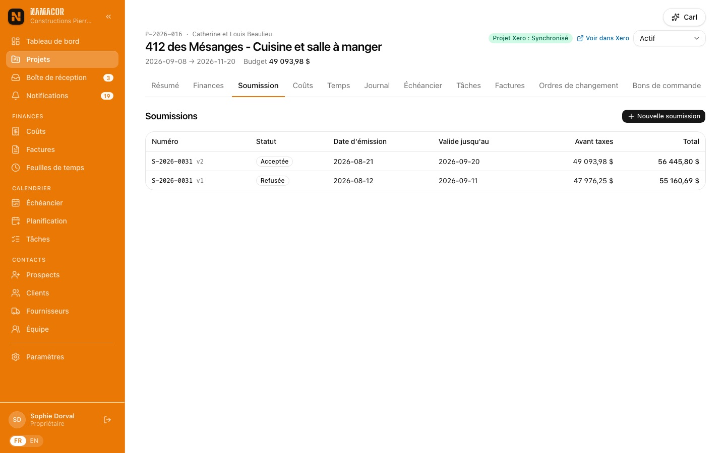 Liste des soumissions du projet
