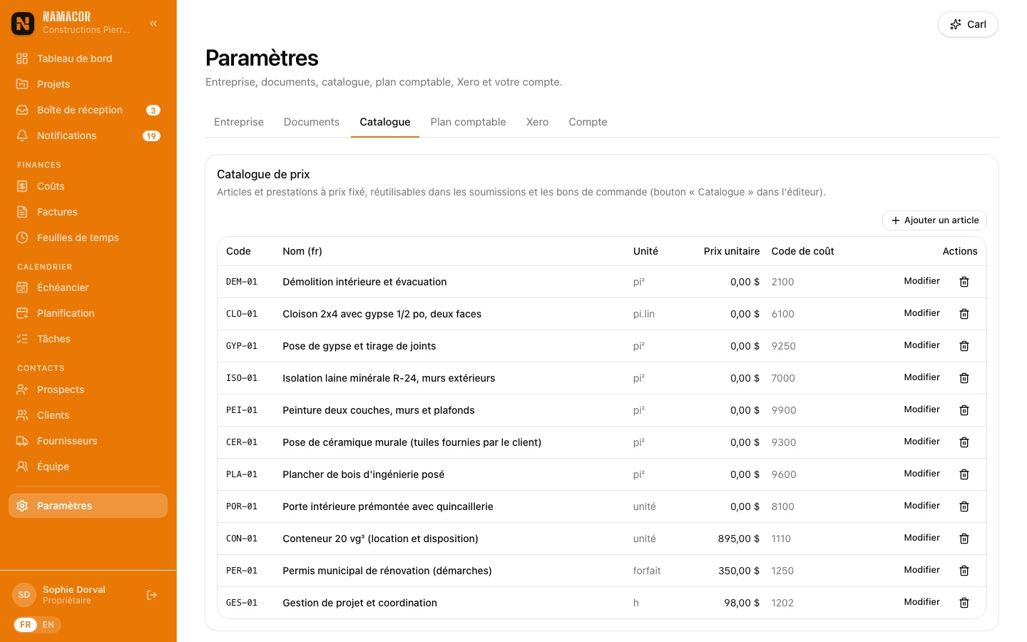 Catalogue de prix