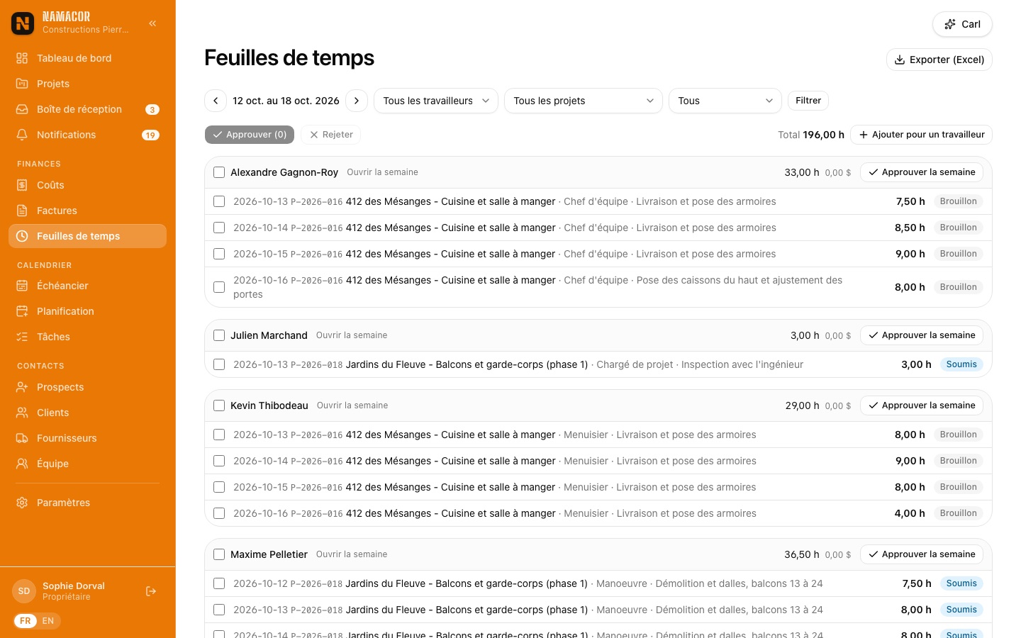 Feuilles de temps