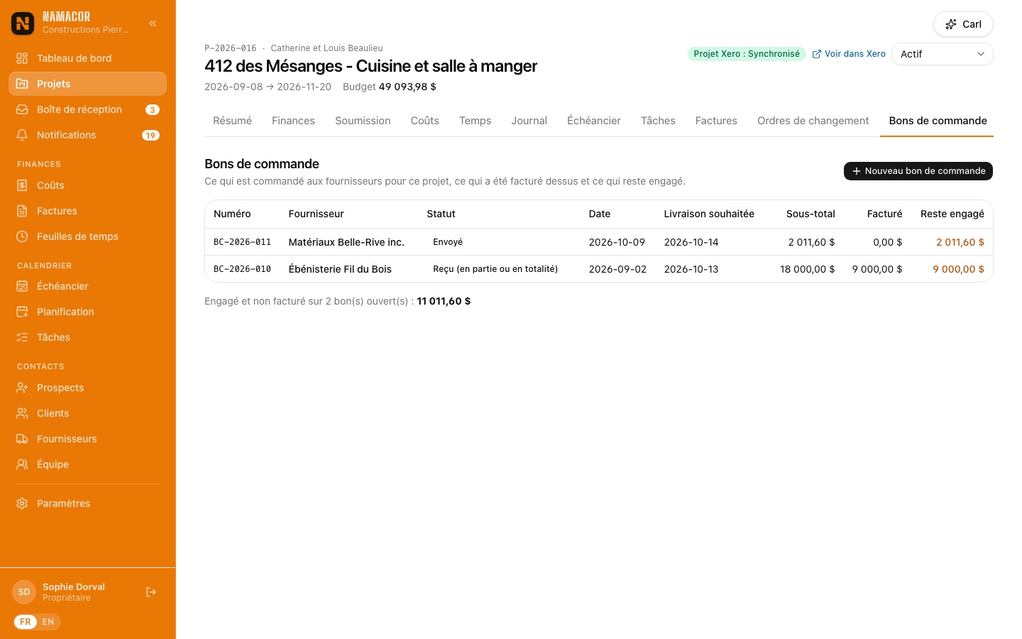 Bons de commande du projet