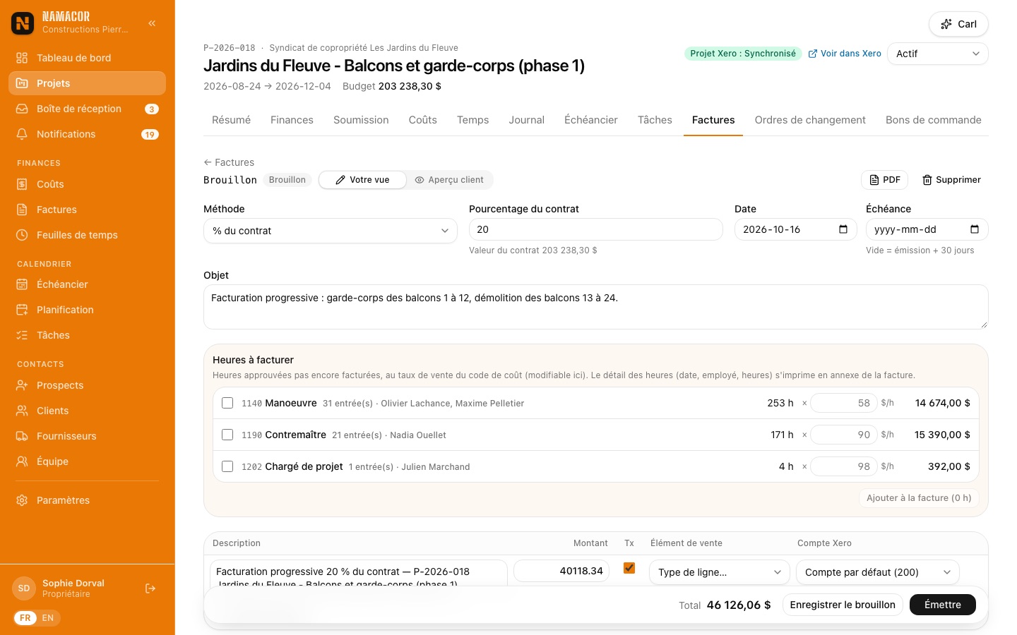 Facture en pourcentage du contrat