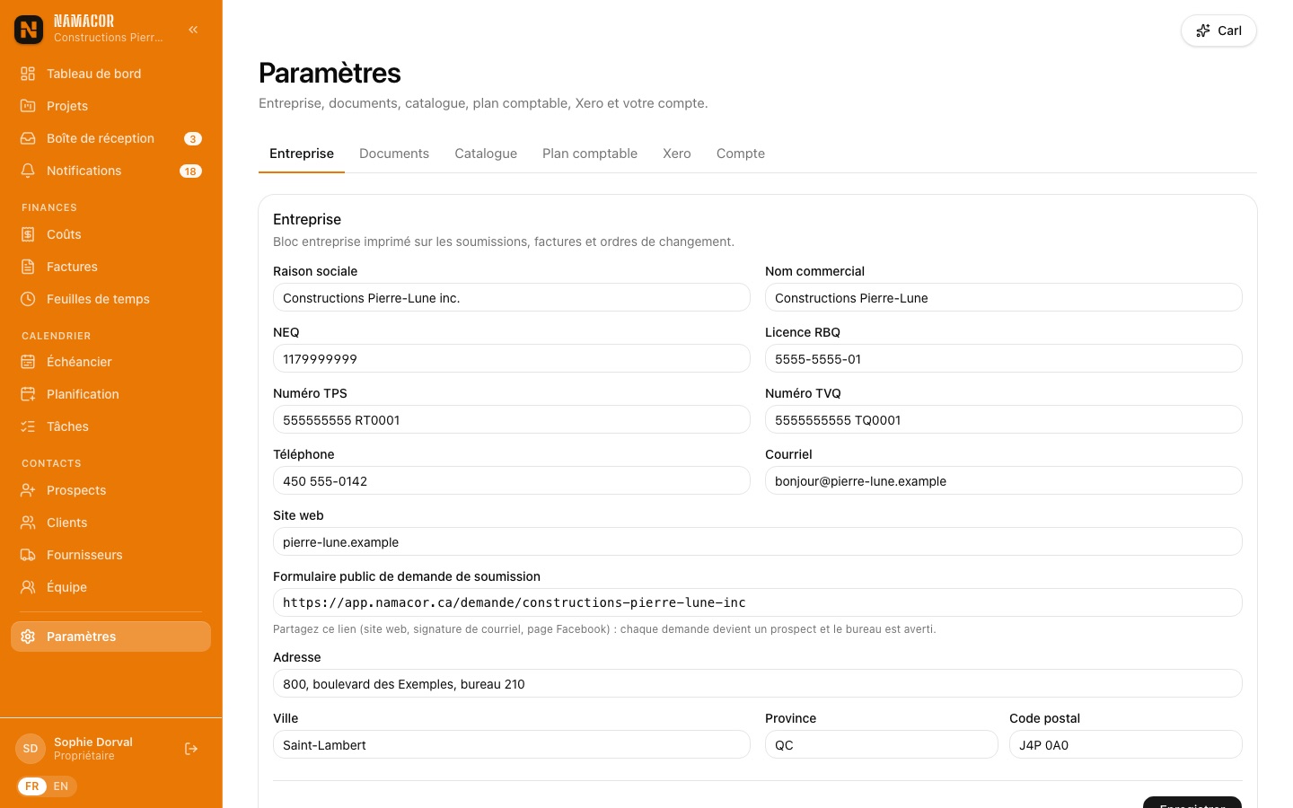 Paramètres, entreprise