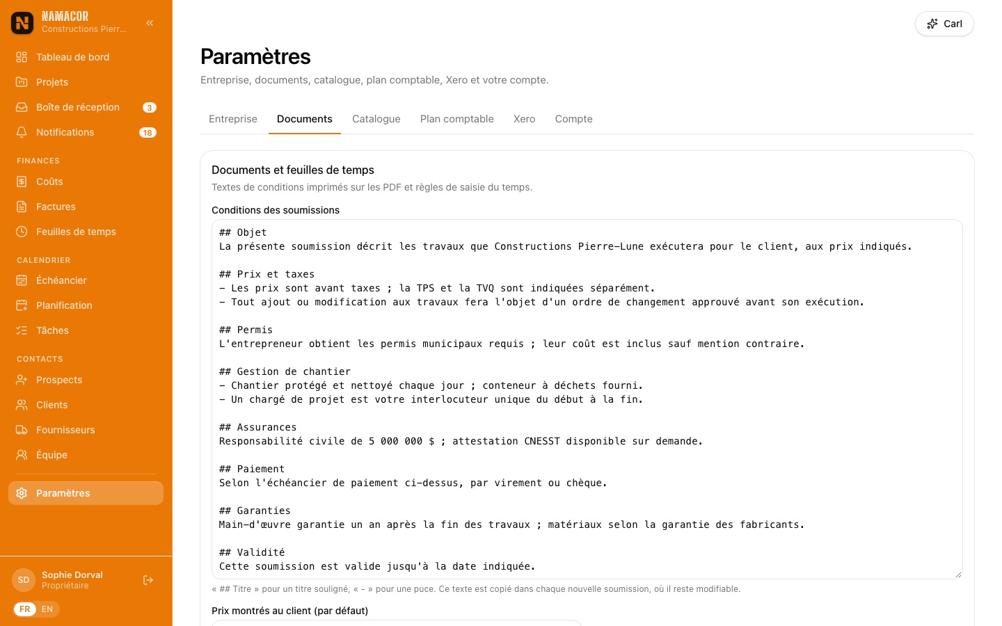 Paramètres, documents