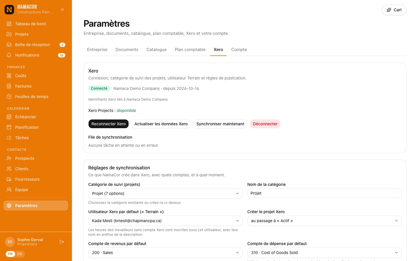 Paramètres Xero