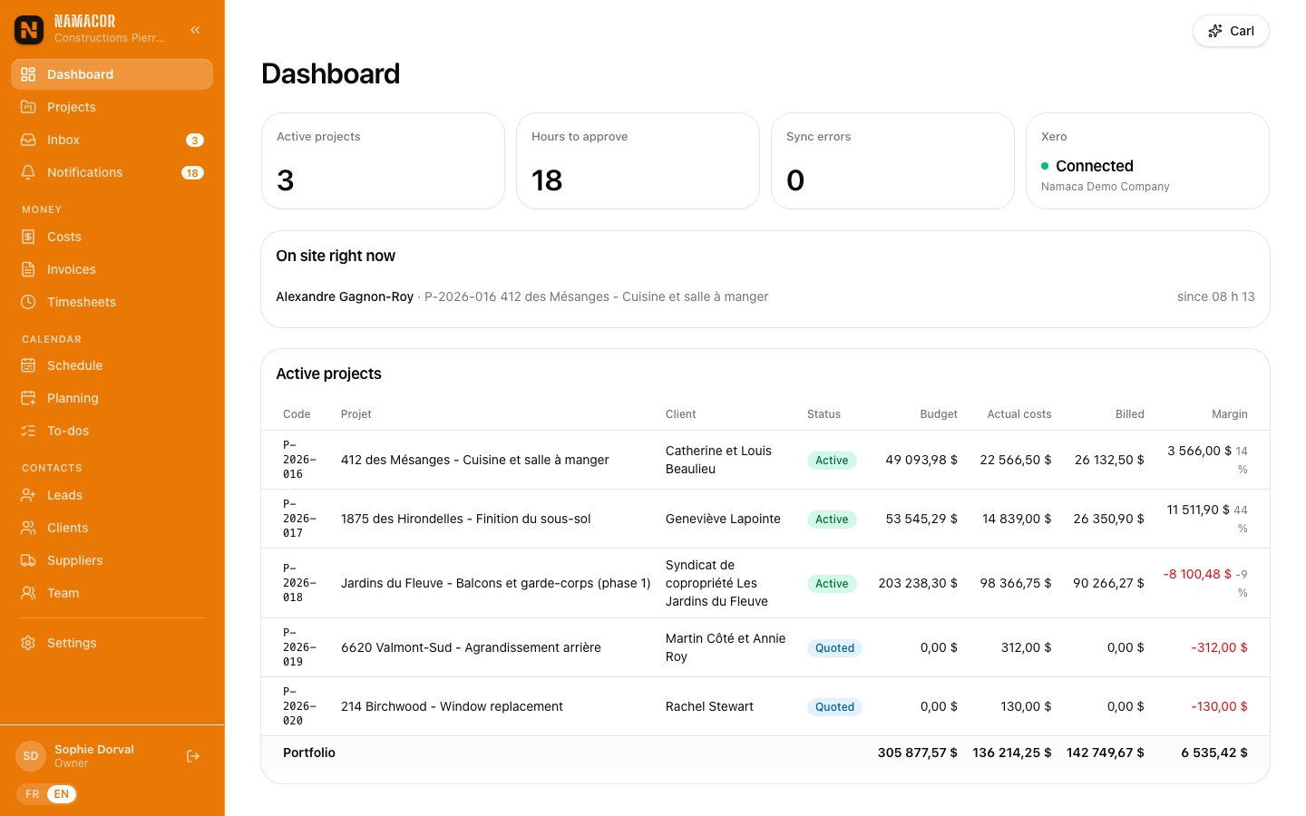 Constructions Pierre-Lune dashboard: active projects, hours to approve, costs, billed and margin per project