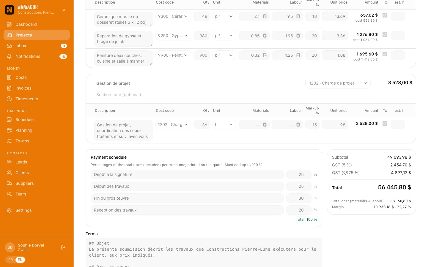 Payment schedule and totals