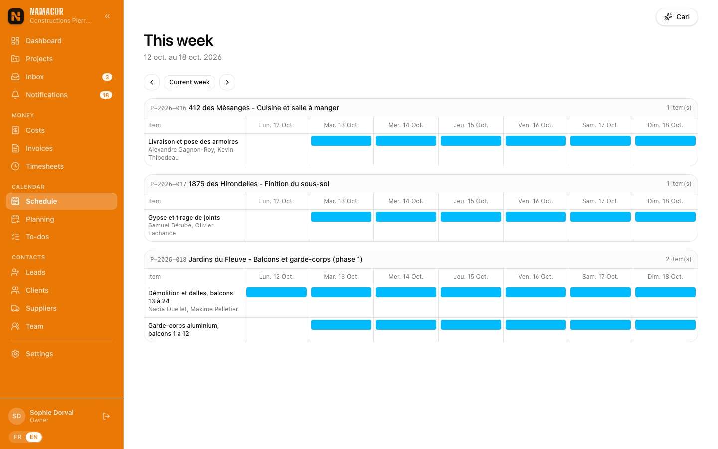 Schedule for all projects