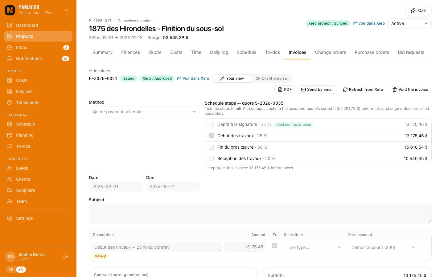 Invoice from the payment schedule