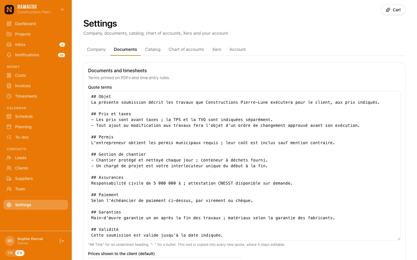 Documents settings
