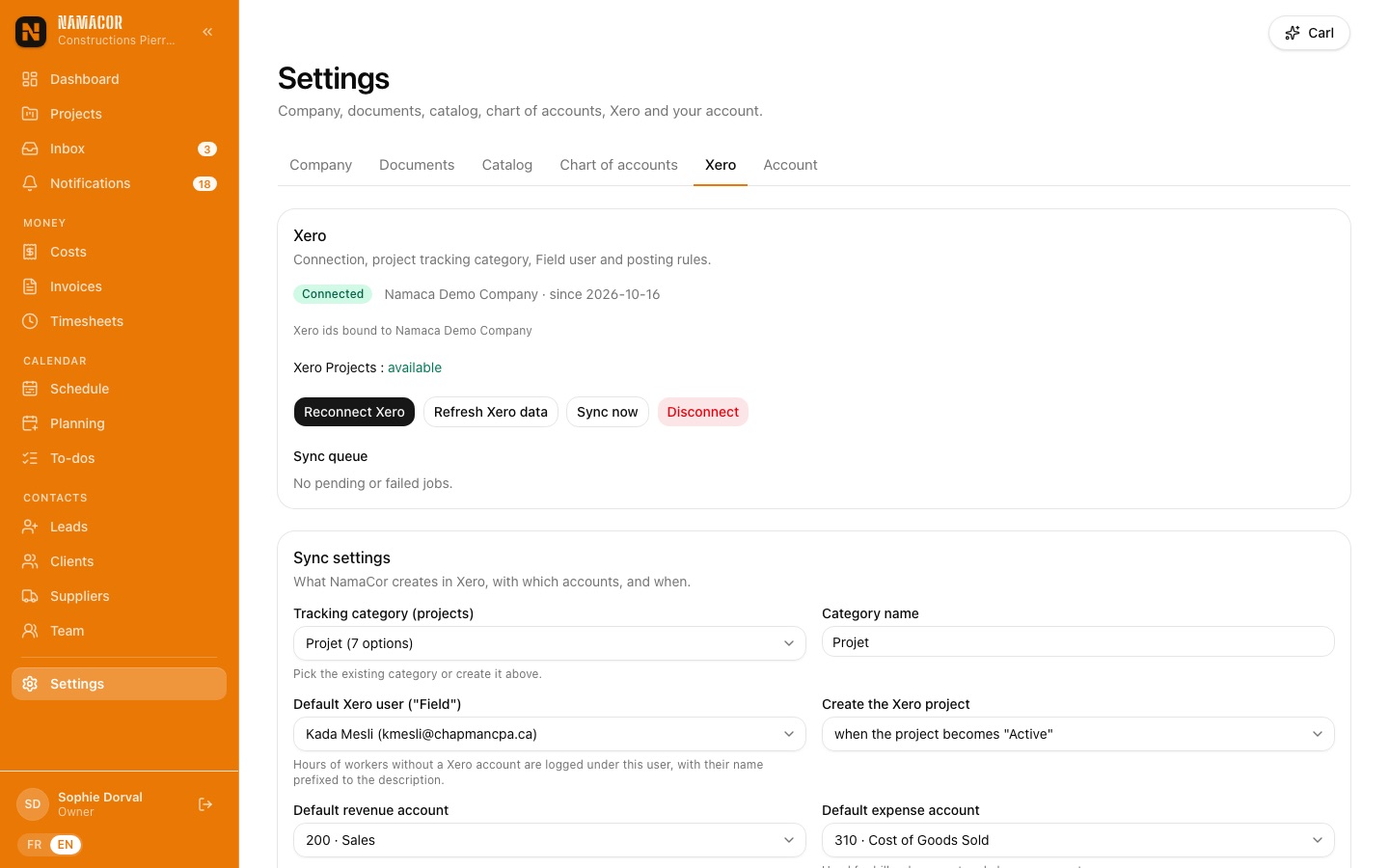 Xero settings