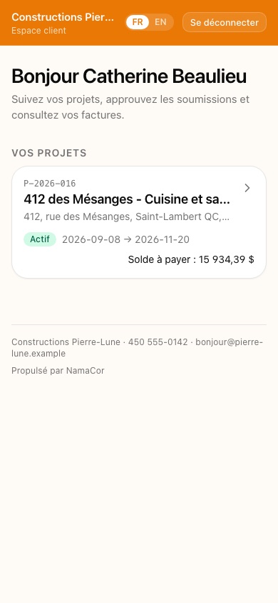 Accueil de l'espace client